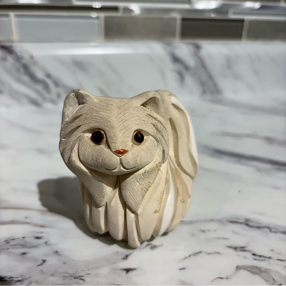 Vintage Artesania Rinconada Uruguay Hand Carved Clay Persian Cat White